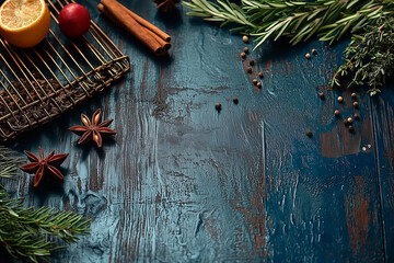 Food Spices and Herbs on Dark Blue Vintage Wooden Table &ndash; Top View Banner with Copy Space