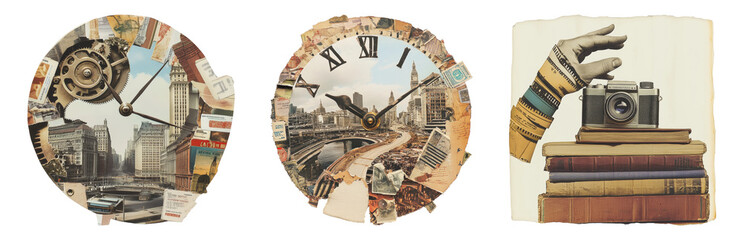 Obraz premium Artistic Collage of Vintage Clocks with Photographs Isolated on transparent background