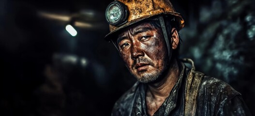 Asian miner with dirt on his face in a dark setting.