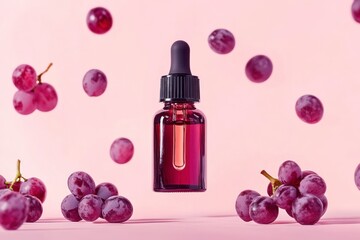 bottle of grape seed oil face serum on a pink background with grapes floating around