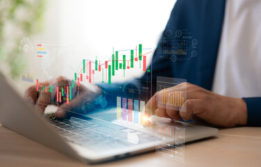 Businessman working analyzing forex trading graph financial data. Stock Market diagram chart Investments Funds and Digital Assets. Business finance technology and investment concept.