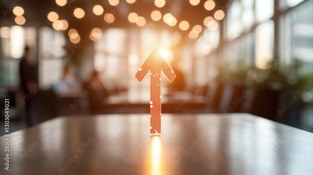 Aufkleber arrow symbol indicating growth and progress in modern workspace, illuminated by warm light, creating