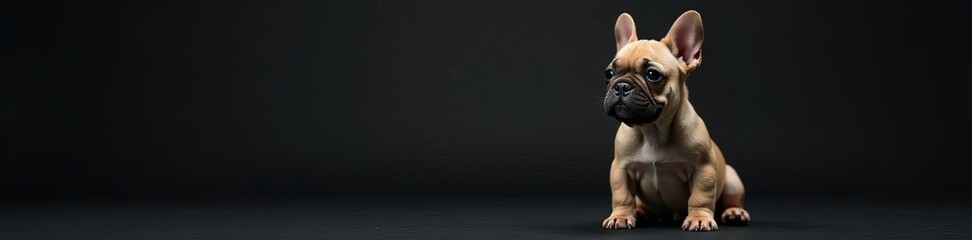 Fototapeta premium Young French Bulldog pup posing on dark backdrop, canine, lounging