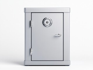 A modern gray safe with a round dial and handle, placed against a plain background