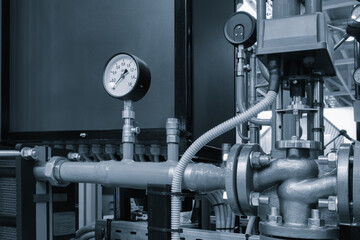 Boiler room gas pressure meter. Industrial  concept. equipment of the boiler-house, - valves, tubes, pressure gauges manometer