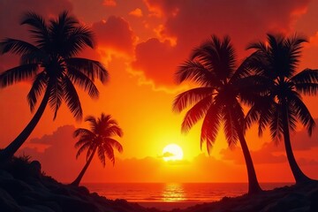 Golden hour glow on swaying palm trees against fiery sunset backdrop, glow, orange, palm trees