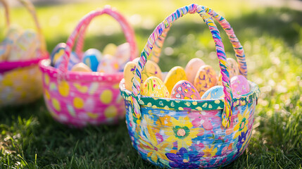 Colorful Easter baskets with decorative eggs for spring holiday celebration