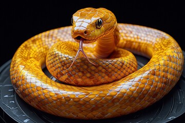 Obraz premium Vibrant orange snake coiled with tongue flicking on dark background