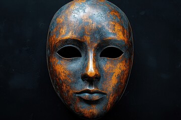 Artistic expression through a vintage wooden mask on dark background