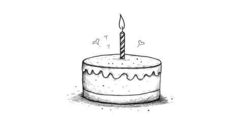 Traditional birthday cake with candle on top, a minimalist black linear sketch placed on white or transparent background. Modern illustration