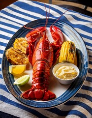 A New England lobster plate features steamed lobster, buttery meat, corn, coleslaw, crispy fries, drawn butter, and lemon, capturing the essence of coastal dining with fresh, indulgent flavors.
