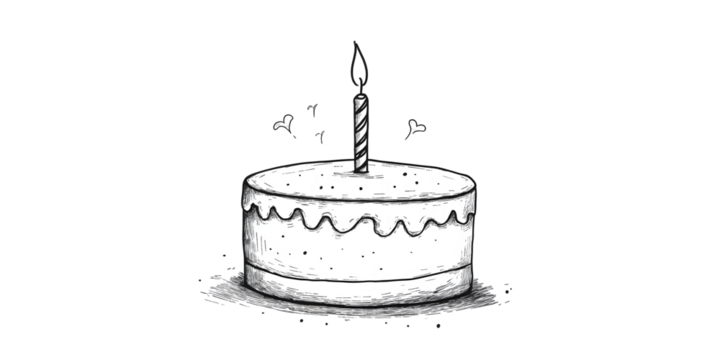 Traditional birthday cake with candle on top, a minimalist black linear sketch placed on white or transparent background. Modern illustration - Powered by Adobe