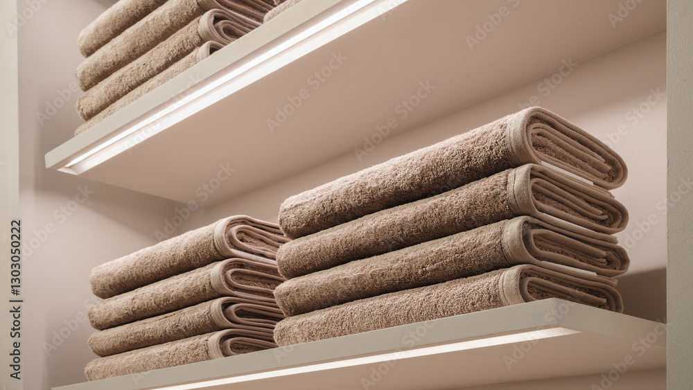 Poster A stack of towels on a shelf. The towels are stacked on top of each other.