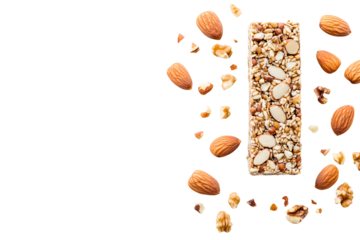 View of protein snack energy bar made from almonds, nuts, and other ingredients kept on white or transparent background, healthy food with high nutrients