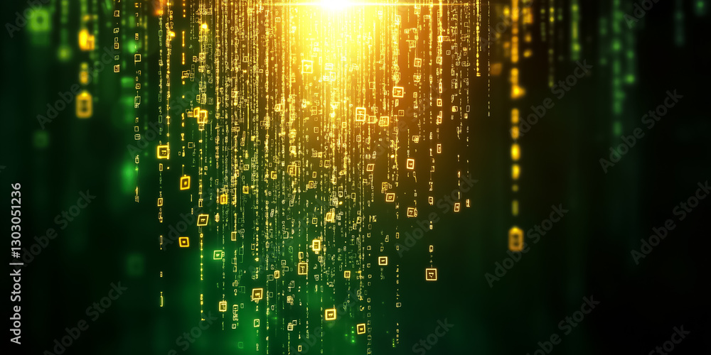 Poster colors blend and shimmer as luminous symbols cascade in a digital matrix, creating an enchanting vis