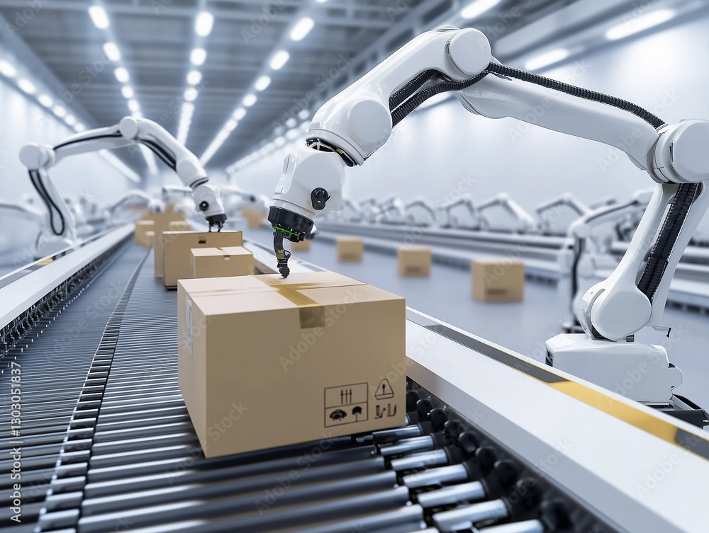 Poster automated robotic arms efficiently handling packages on conveyor belt in modern warehouse. this adva