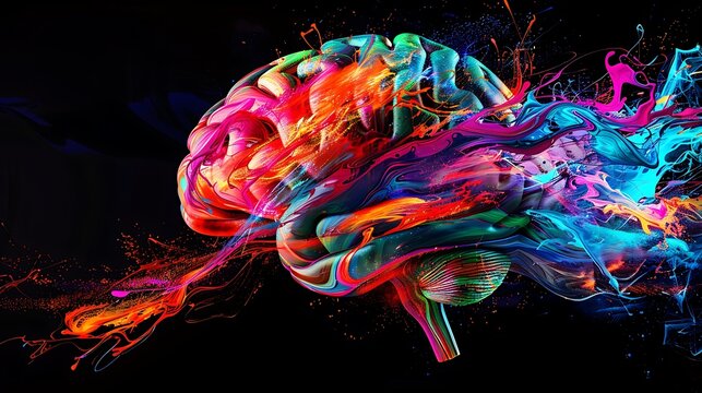 The Colorful Mind: A vibrant artistic representation of the human brain, exploding with creativity and imagination, showcasing the power of thought and innovation.