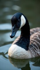 Fototapeta premium Canada goose's elegant head; dark plumage, reflective water backdrop, discerning gaze , black and white, wild