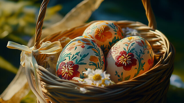 Colorful Easter eggs in a decorative basket celebrating spring holiday and festive tradition - Powered by Adobe