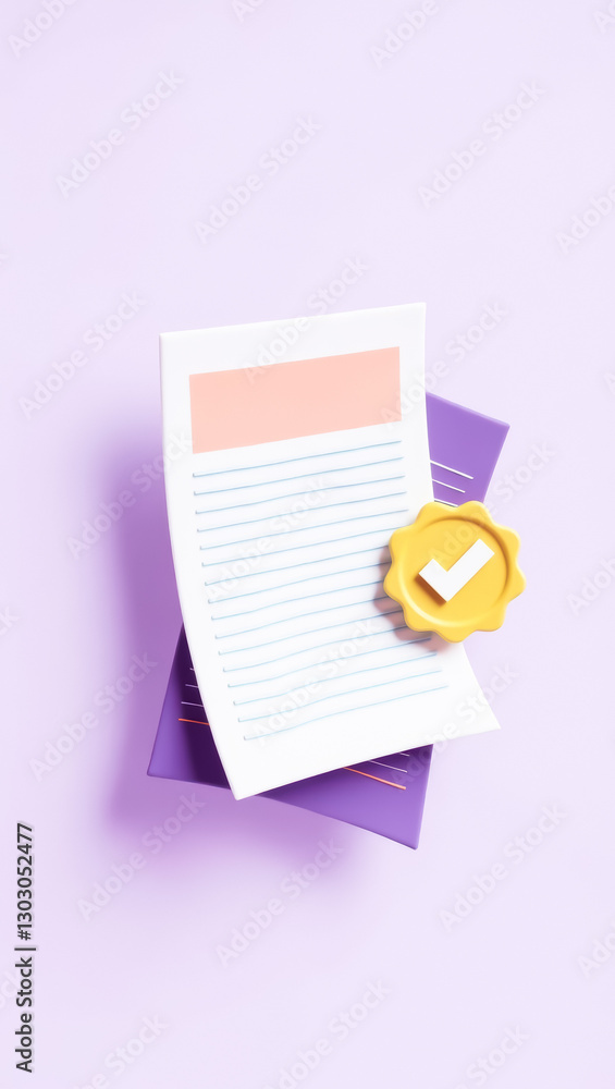 Poster 3d render of approved document with checkmark seal