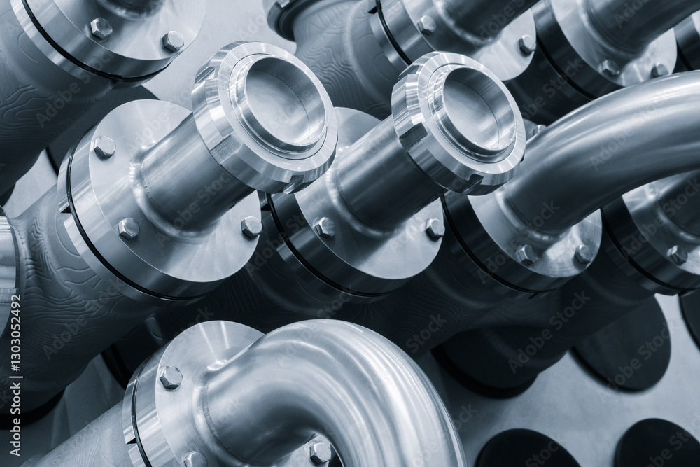 Poster A row of metal pipes with a silver finish. The pipes are connected to each other and appear to be part of a larger system. Concept of organization and structure, as the pipes are arranged in a neat