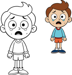 A cartoon boy with big, expressive eyes sheds tears, his face showing sadness and distress, as he wipes away tears, capturing a moment of vulnerability and emotion.