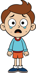 A cartoon boy with big, expressive eyes sheds tears, his face showing sadness and distress, as he wipes away tears, capturing a moment of vulnerability and emotion.