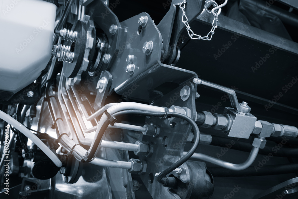 Poster close up of engine with tank and many tubes and wires, industrial service concept background