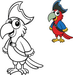 A colorful cartoon pirate parrot with vibrant feathers, a mischievous smile, and a playful eye patch perched on a pirate’s shoulder, ready for adventure and treasure hunts.