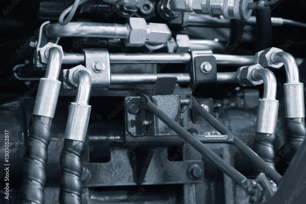Poster close up of engine with many tubes and wires, industrial service concept background