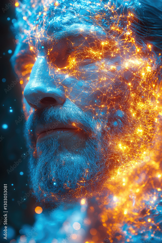 Poster a mesmerizing abstract representation of a man's face illuminated with vibrant light patterns, symbo