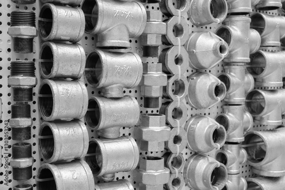 Poster a wall of pipes and fittings with a variety of sizes and shapes. the wall is organized and the pipes