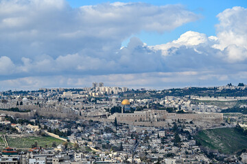Beautiful panoramic wiew on Jerusalem and the Temple Mount with the Dome of the Rock.