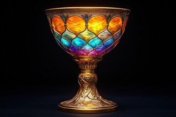 Vibrant stained glass chalice with intricate golden base against black background