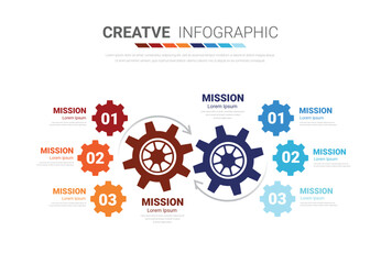 Industry presentation model with gears cogwheels 6 steps. Concept of coordinated work, mechanical process, functioning mechanism. Modern infographic design.