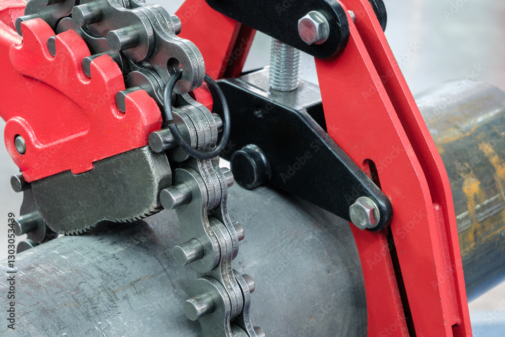 Poster a red and black tool is used to cut a chain. the chain is attached to a pipe industrial service conc