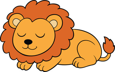 A cute cartoon lion peacefully sleeping, curled up with a content smile, surrounded by a soft, fluffy mane, exuding calm and tranquility in a cozy, restful moment.