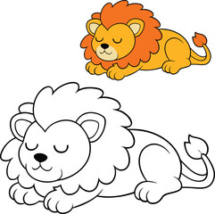 A cute cartoon lion peacefully sleeping on a grassy patch, with its paws tucked in, eyes closed, and a serene expression, perfect for a relaxing and fun coloring experience.