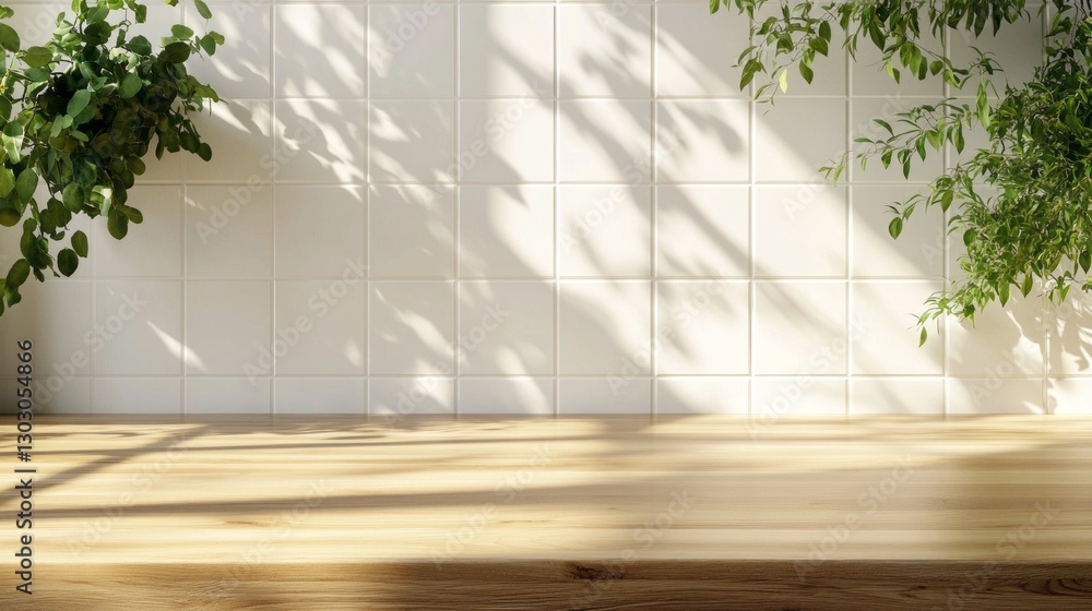 Aufkleber soft sunlight filters through lush green plants, casting gentle shadows on a polished wooden surface