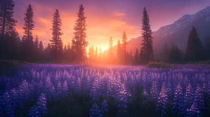 Obraz premium Mountain landscapes glow with sunrise and sunset, reflecting sun and mist on river and lake