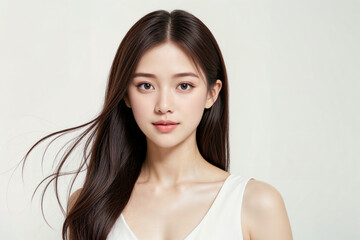 A woman with long brown hair and a white tank top