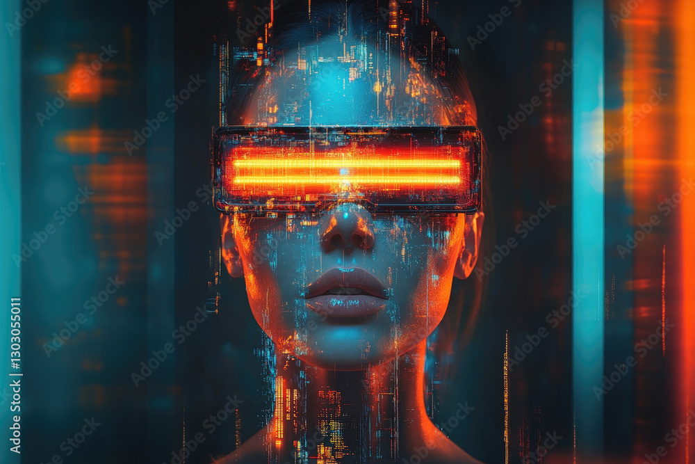 Poster a captivating portrayal of an individual with a digital visor, symbolizing introspection and the int