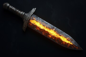 Glowing ancient sword with fiery blade on dark background
