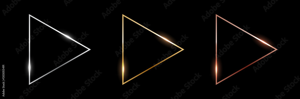 Aufkleber gold, silver and bronze triangle frames. metal thin play buttons isolated on black background. 3d re