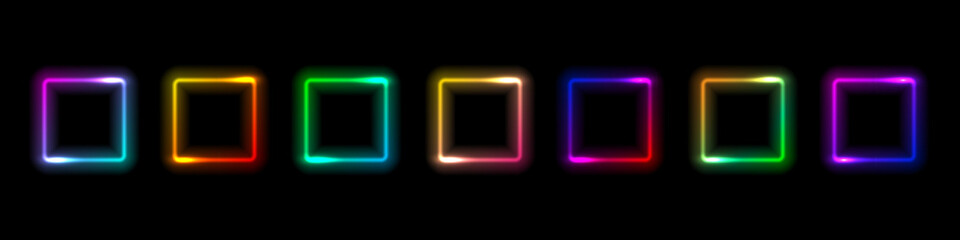 Neon glow light square frames. Abstract blurred rainbow light squares background. Colored laser bright round icons. Colorful geometric graphic vector set isolated on black.