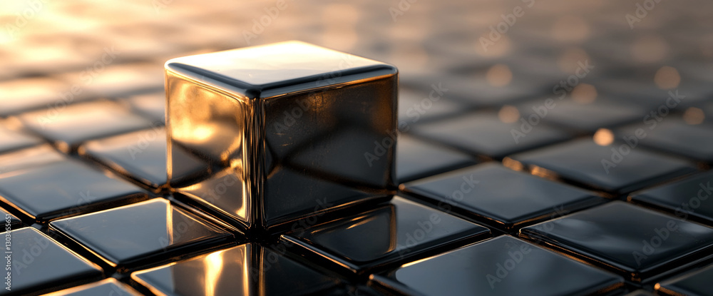 Poster a close-up view of a metallic reflective cube placed on a grid of shiny tiles, showcasing a modern a