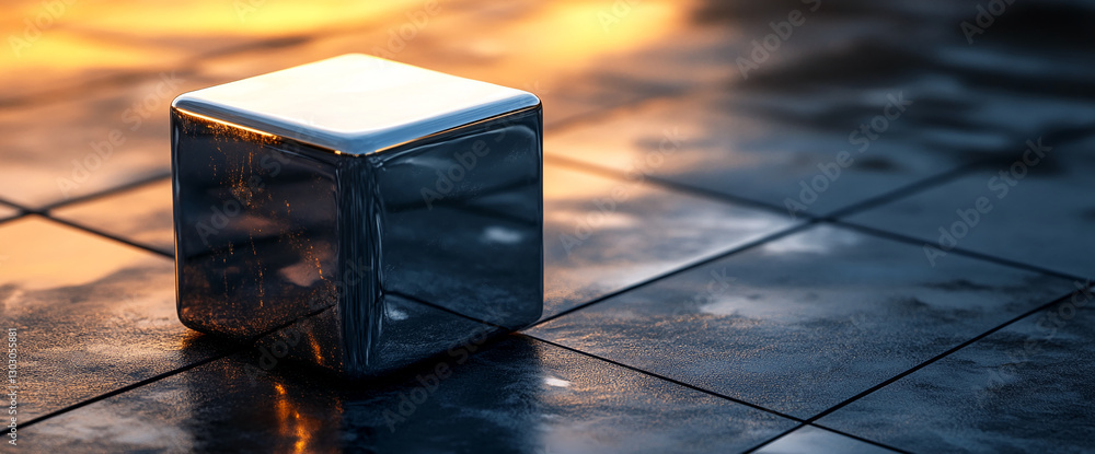 Poster a close-up view of a shiny metallic cube on a grid of reflective tiles, symbolizing minimalism, mode