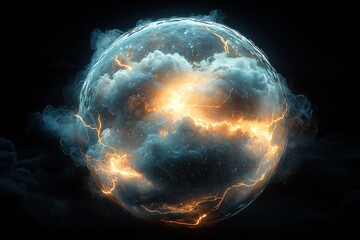 Dramatic fiery planet with electric storm inside a glowing atmosphere in space