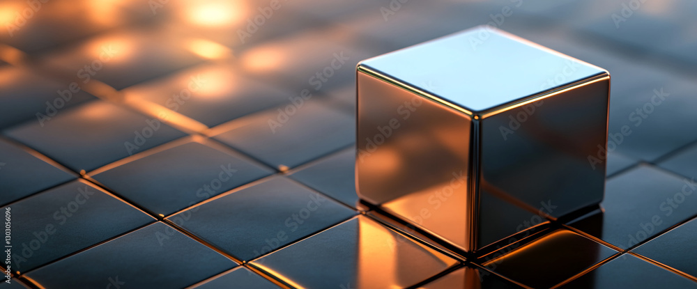 Poster a close-up view of a reflective metallic cube on a shiny tile surface, symbolizing modern design, mi