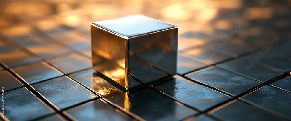 Poster a reflective metallic cube placed on a grid of glossy tiles, creating a modern and minimalistic scen
